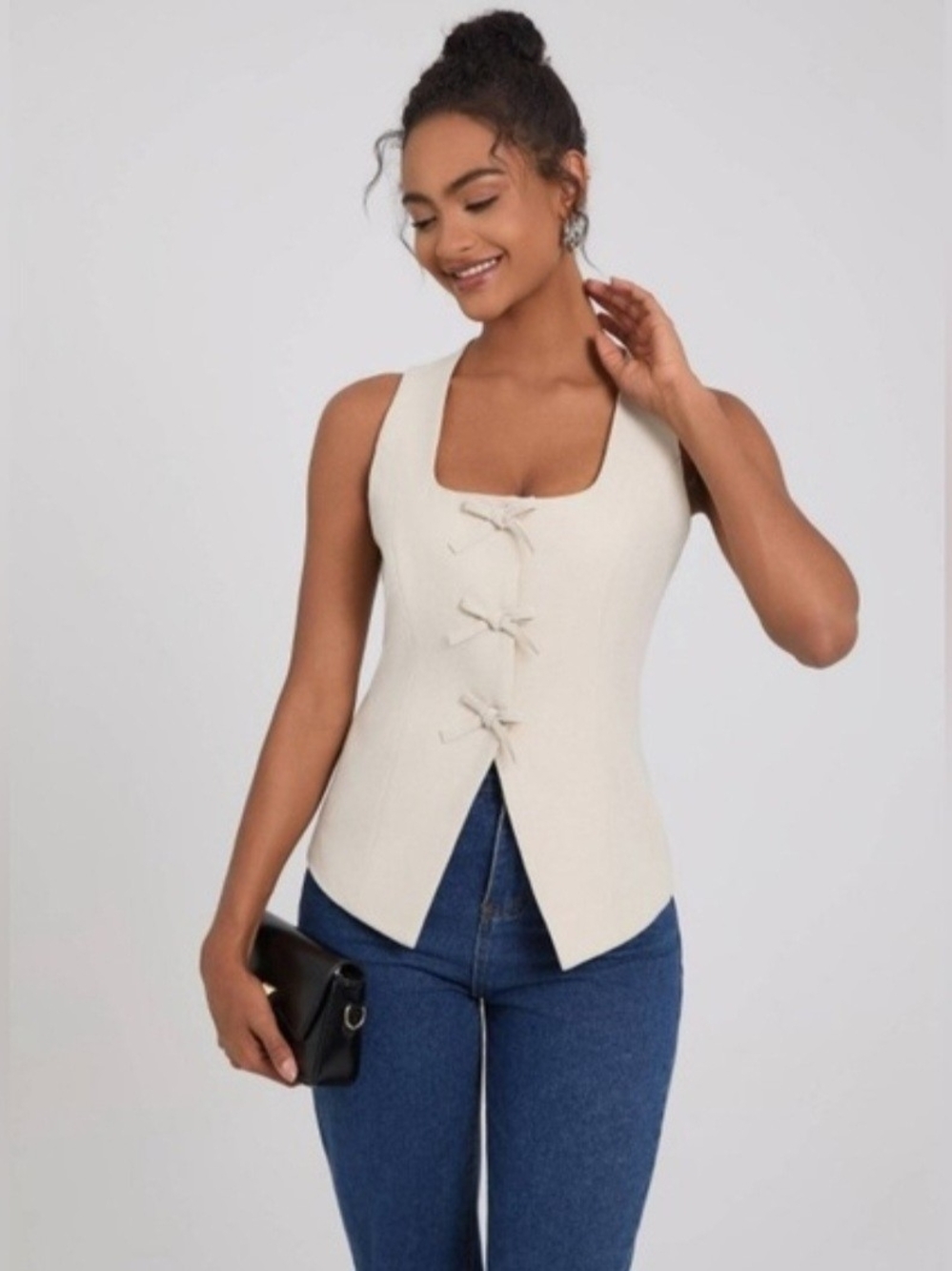 Target Cream Square Neck Tank with Front Bow Ties